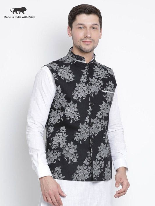 Men's Black Cotton Blend Ethnic Jacket