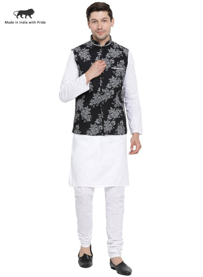 Men's White Cotton Blend Kurta, Ethnic Jacket and Pyjama Set