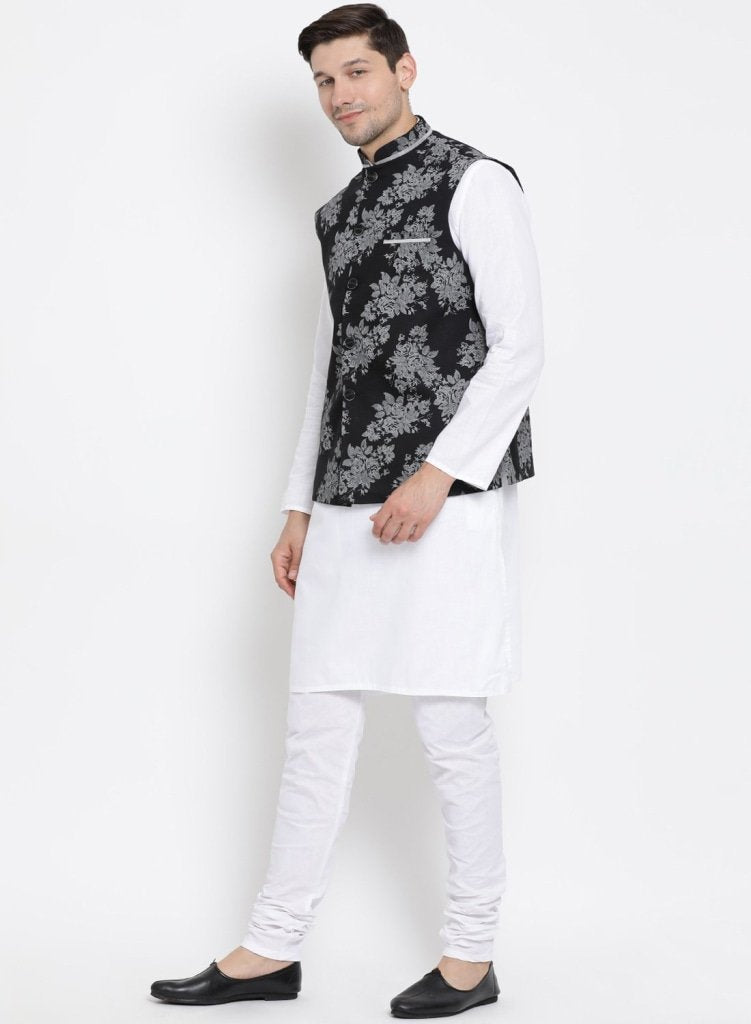 Men's White Cotton Blend Kurta, Ethnic Jacket and Pyjama Set