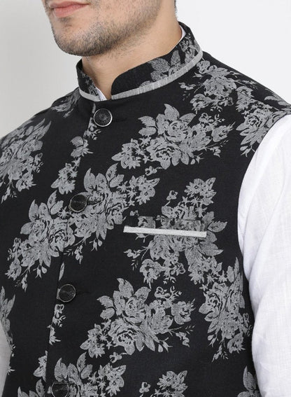 Men's White Cotton Blend Kurta, Ethnic Jacket and Pyjama Set