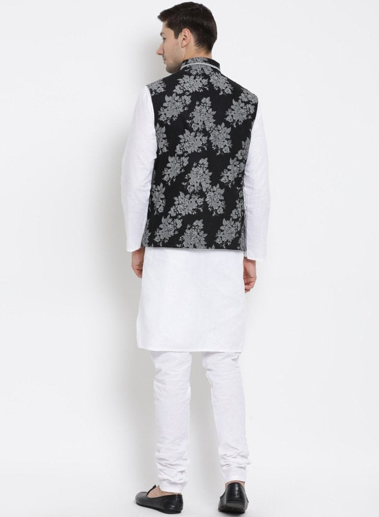 Men's White Cotton Blend Kurta, Ethnic Jacket and Pyjama Set