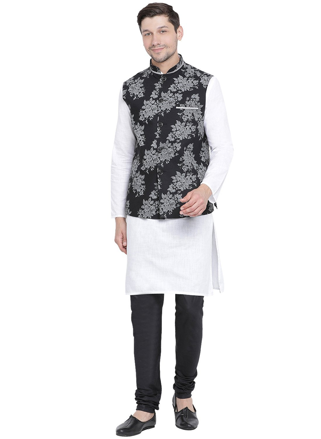 Men's White Cotton Blend Kurta, Ethnic Jacket and Pyjama Set
