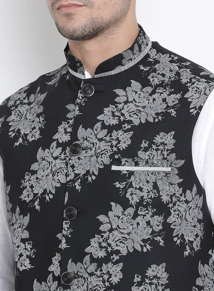 Men's White Cotton Blend Kurta, Ethnic Jacket and Pyjama Set