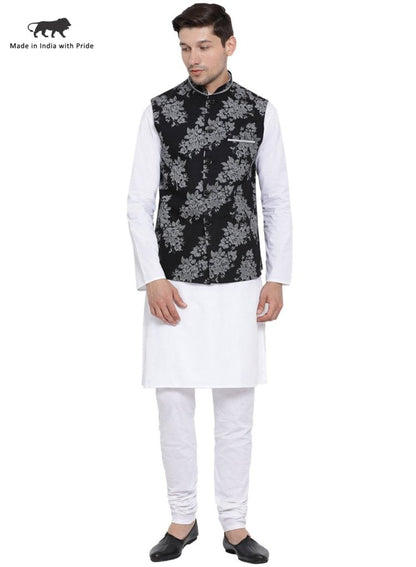 Men's White Cotton Blend Kurta, Ethnic Jacket and Pyjama Set