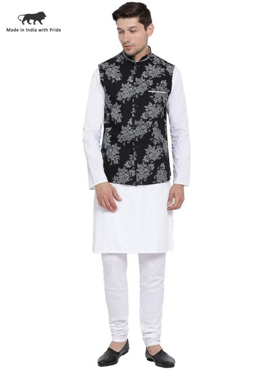 Men's White Cotton Blend Kurta, Ethnic Jacket and Pyjama Set