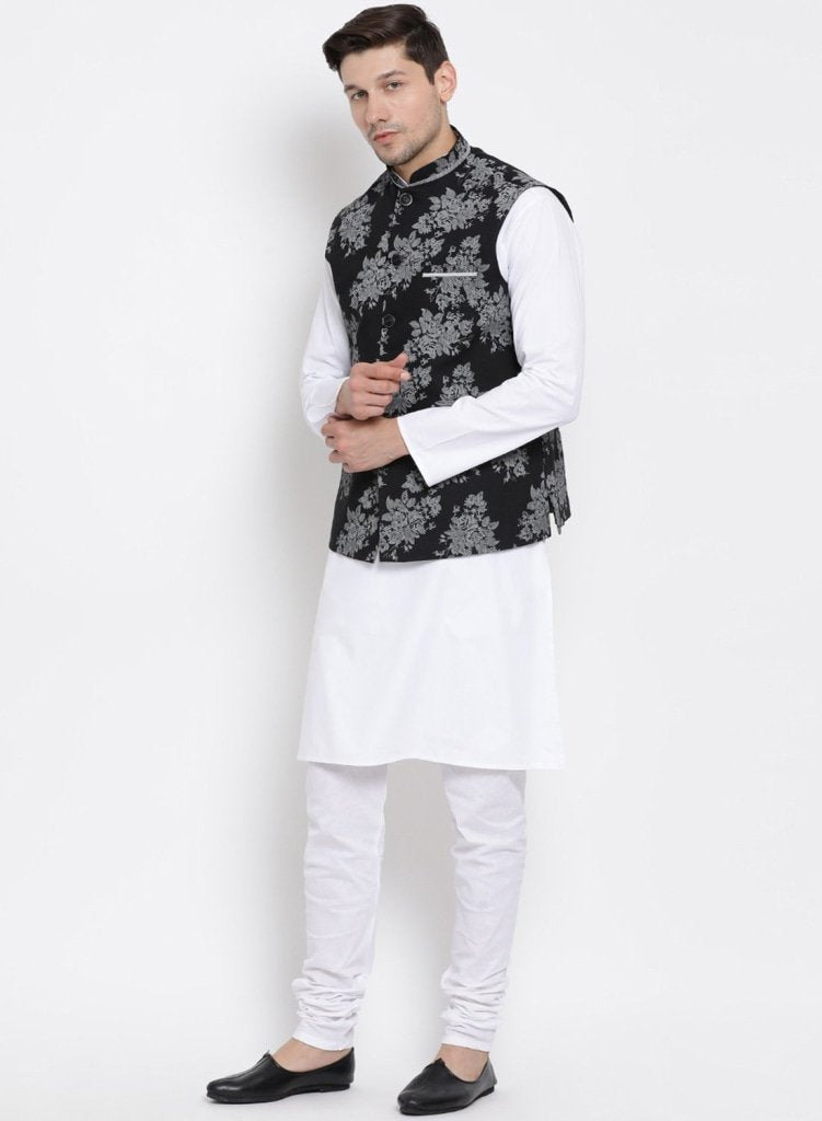 Men's White Cotton Blend Kurta, Ethnic Jacket and Pyjama Set