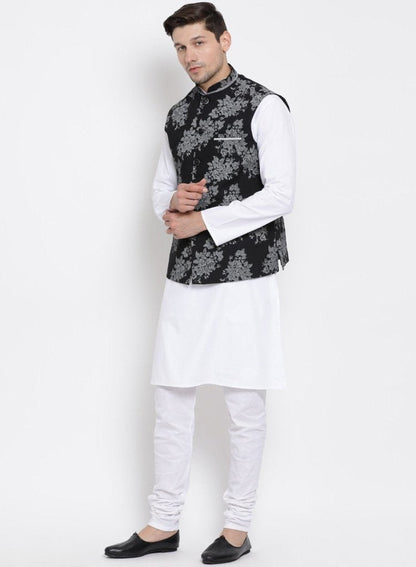 Men's White Cotton Blend Kurta, Ethnic Jacket and Pyjama Set