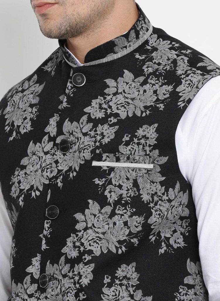 Men's White Cotton Blend Kurta, Ethnic Jacket and Pyjama Set