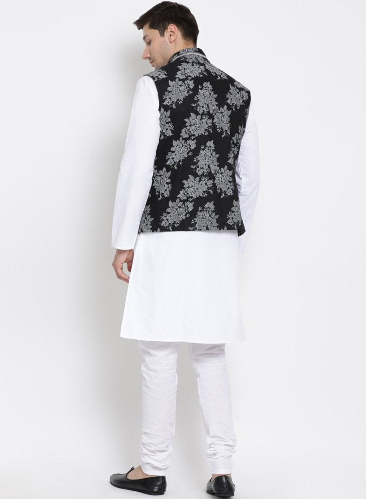Men's White Cotton Blend Kurta, Ethnic Jacket and Pyjama Set