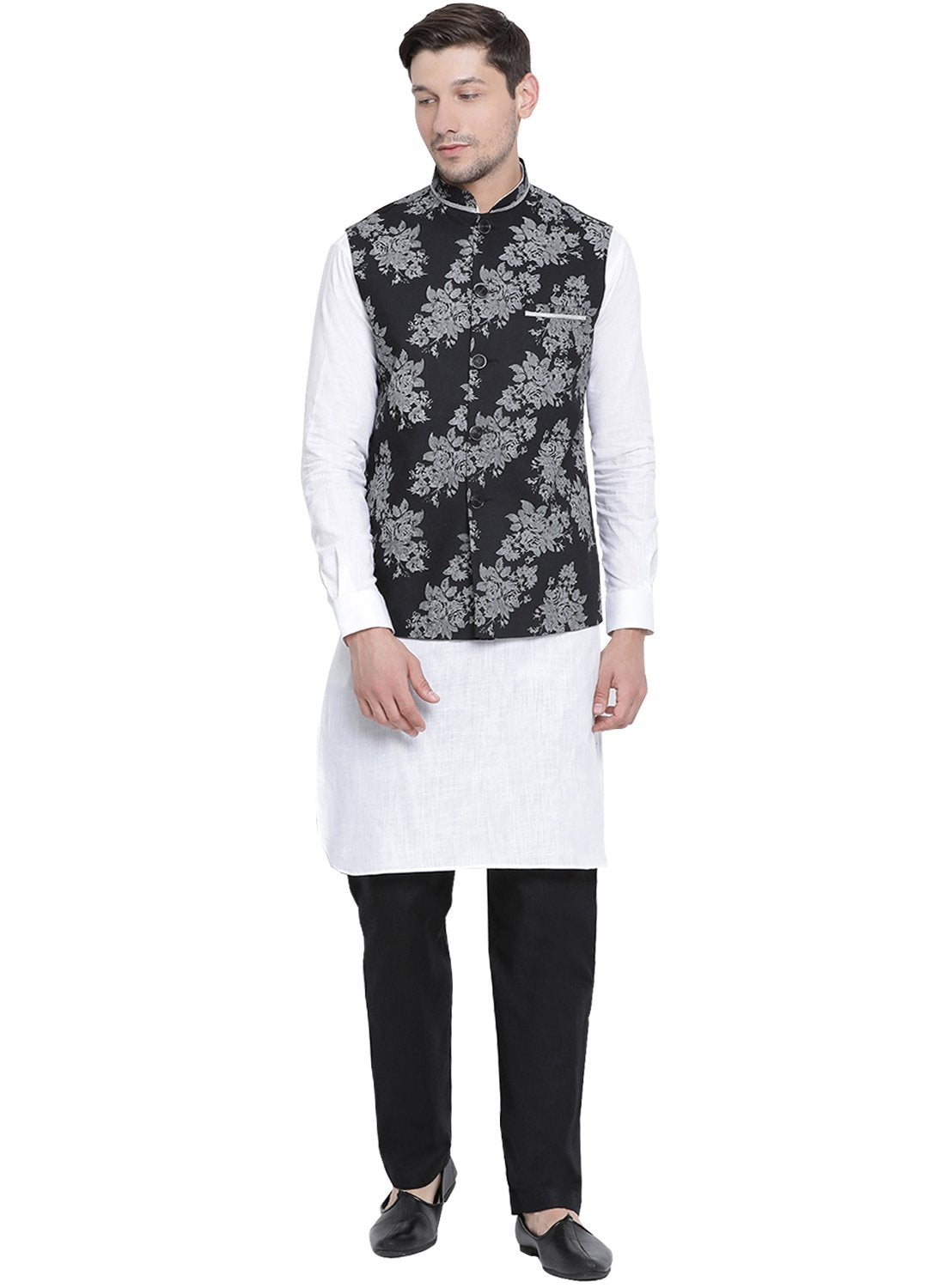 Men's White Cotton Blend Kurta, Ethnic Jacket and Pyjama Set