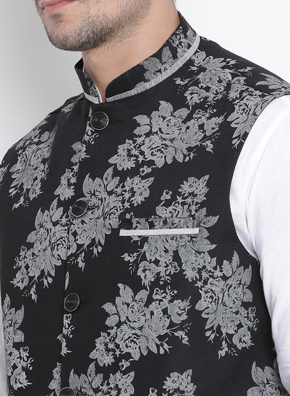 Men's White Cotton Blend Kurta, Ethnic Jacket and Pyjama Set