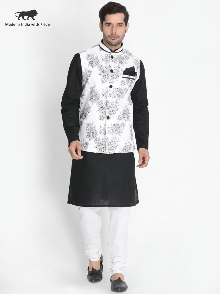 Men's Black Cotton Blend Kurta, Ethnic Jacket and Pyjama Set