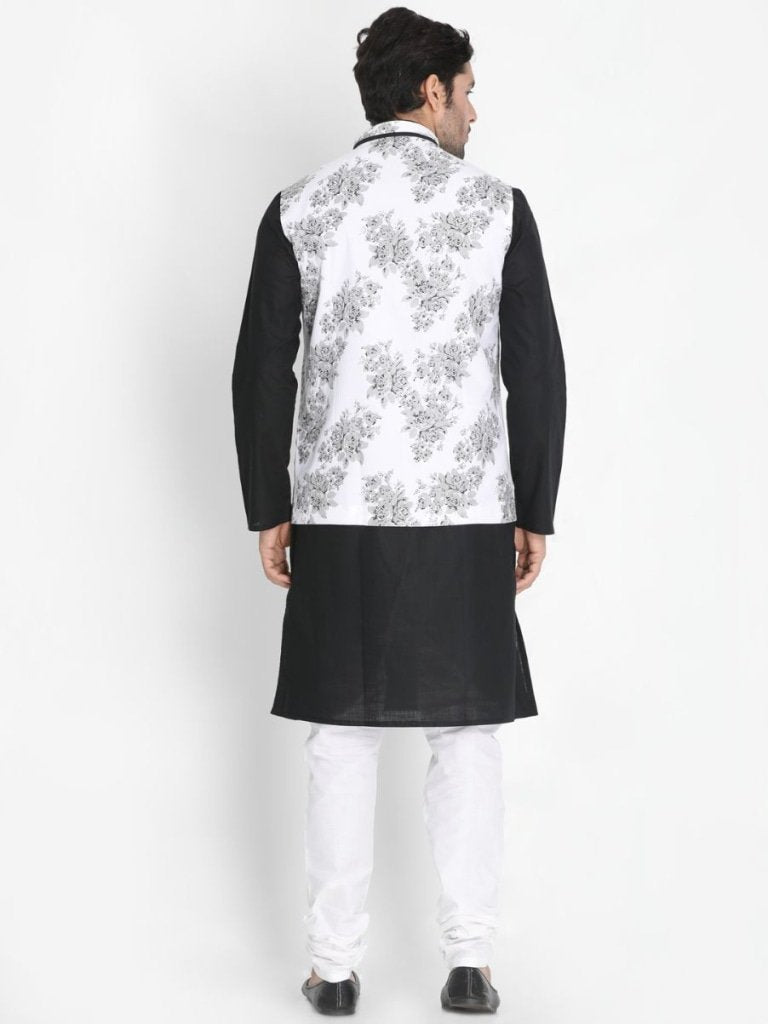 Men's Black Cotton Blend Kurta, Ethnic Jacket and Pyjama Set