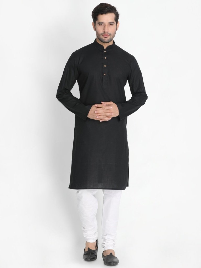Men's Black Cotton Blend Kurta, Ethnic Jacket and Pyjama Set