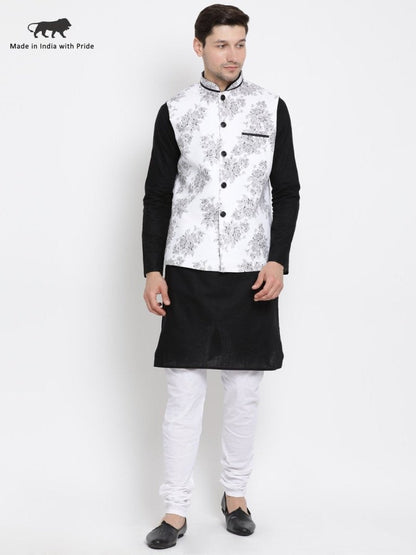 Men's Black Cotton Blend Kurta, Ethnic Jacket and Pyjama Set