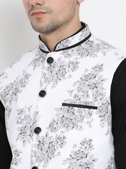 Men's Black Cotton Blend Kurta, Ethnic Jacket and Pyjama Set