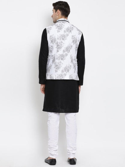 Men's Black Cotton Blend Kurta, Ethnic Jacket and Pyjama Set