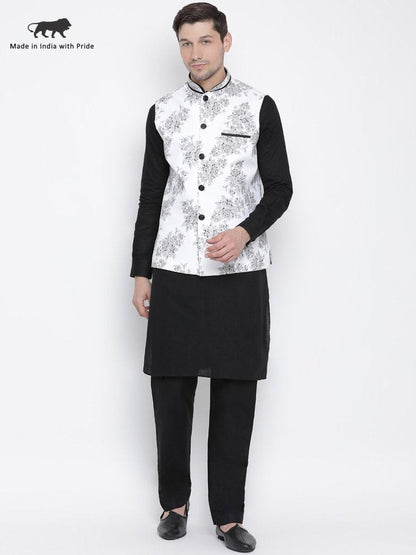 Men's Black Cotton Blend Kurta, Ethnic Jacket and Pyjama Set