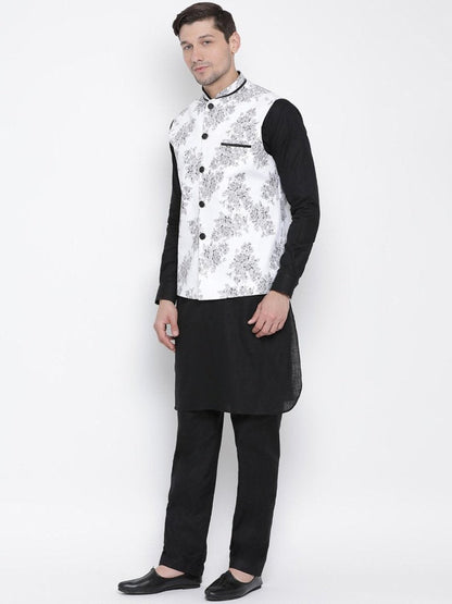 Men's Black Cotton Blend Kurta, Ethnic Jacket and Pyjama Set