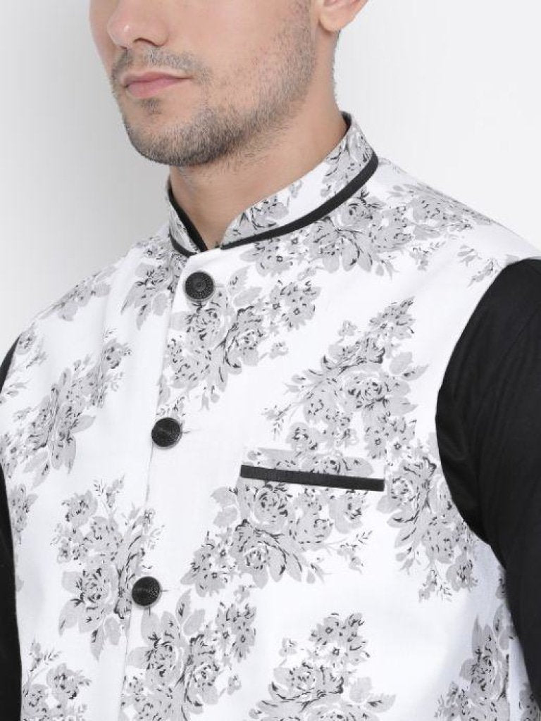 Men's Black Cotton Blend Kurta, Ethnic Jacket and Pyjama Set