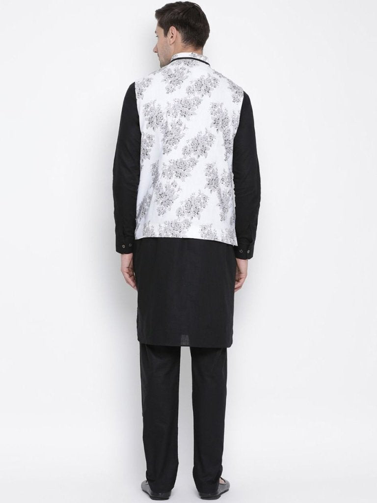Men's Black Cotton Blend Kurta, Ethnic Jacket and Pyjama Set