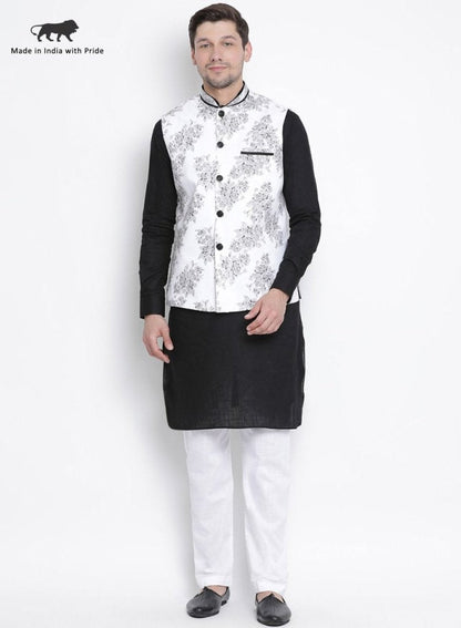 Men's Black Cotton Blend Kurta, Ethnic Jacket and Pyjama Set