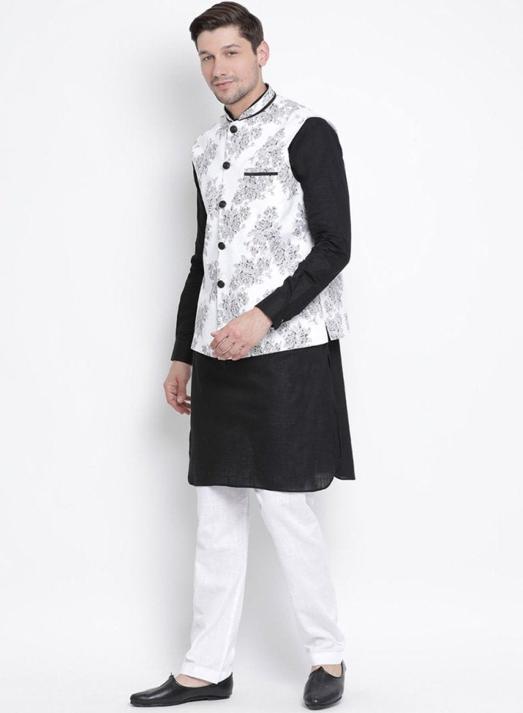 Men's Black Cotton Blend Kurta, Ethnic Jacket and Pyjama Set