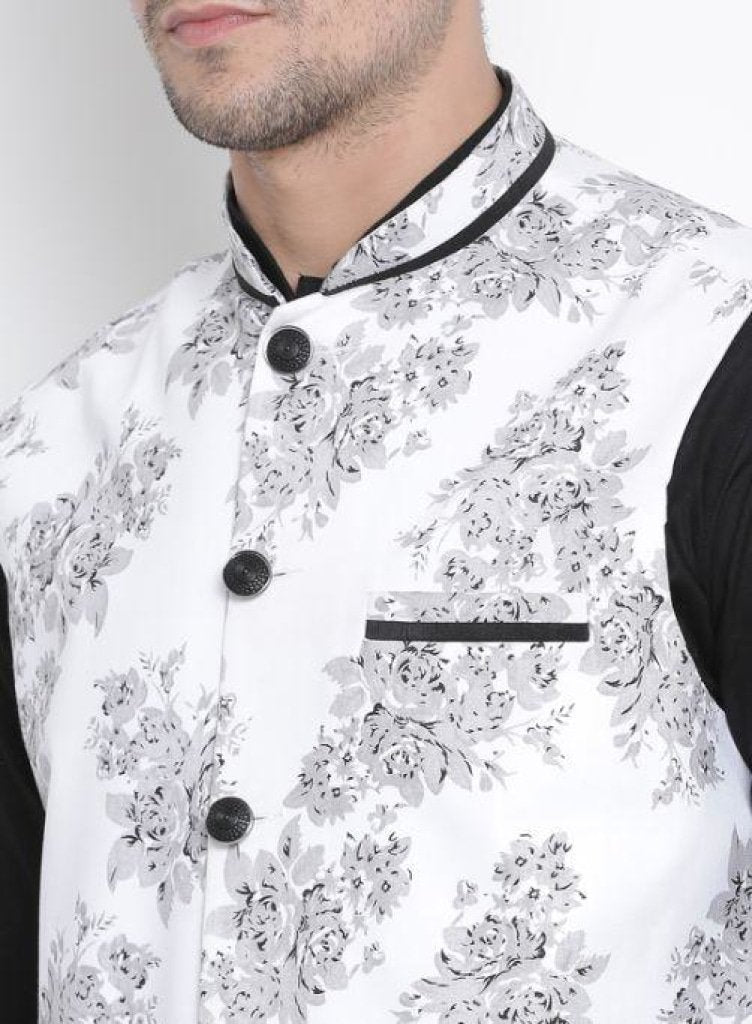 Men's Black Cotton Blend Kurta, Ethnic Jacket and Pyjama Set