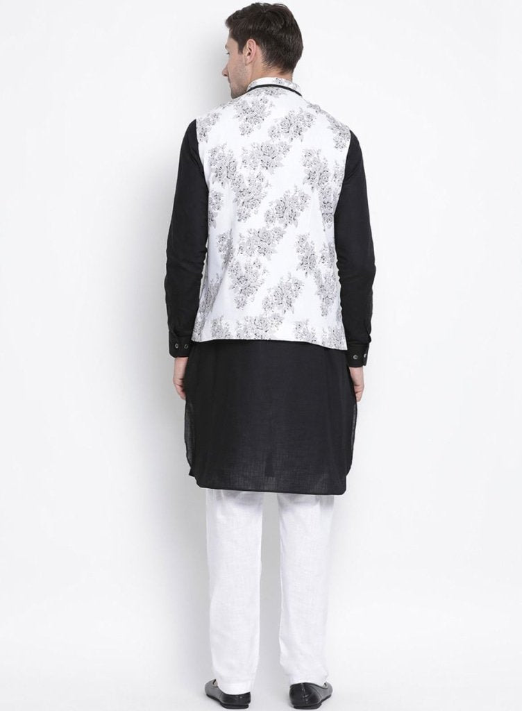 Men's Black Cotton Blend Kurta, Ethnic Jacket and Pyjama Set