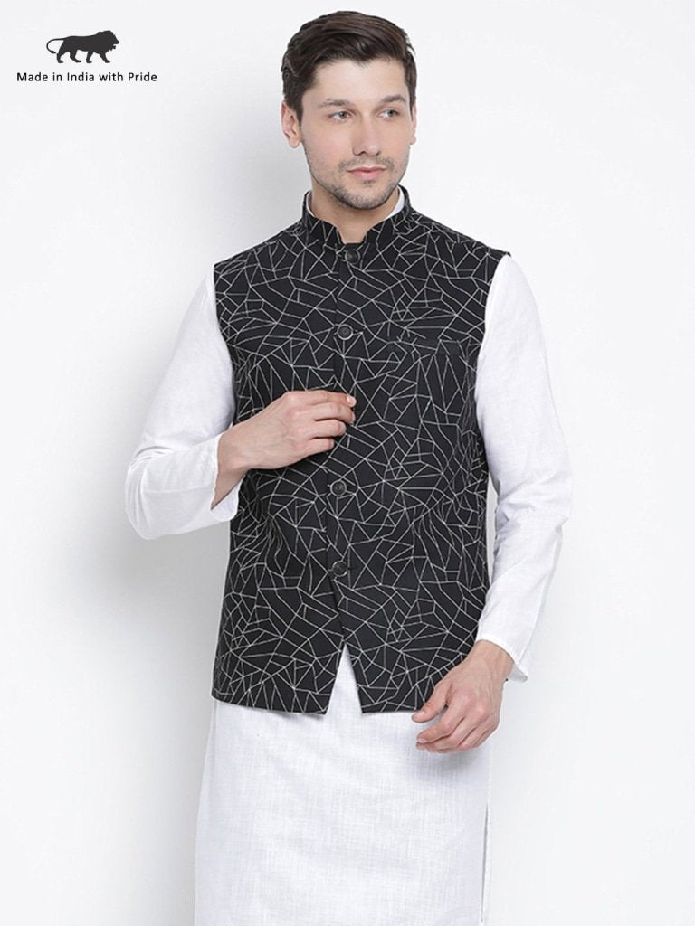 Men's Black Cotton Blend Ethnic Jacket