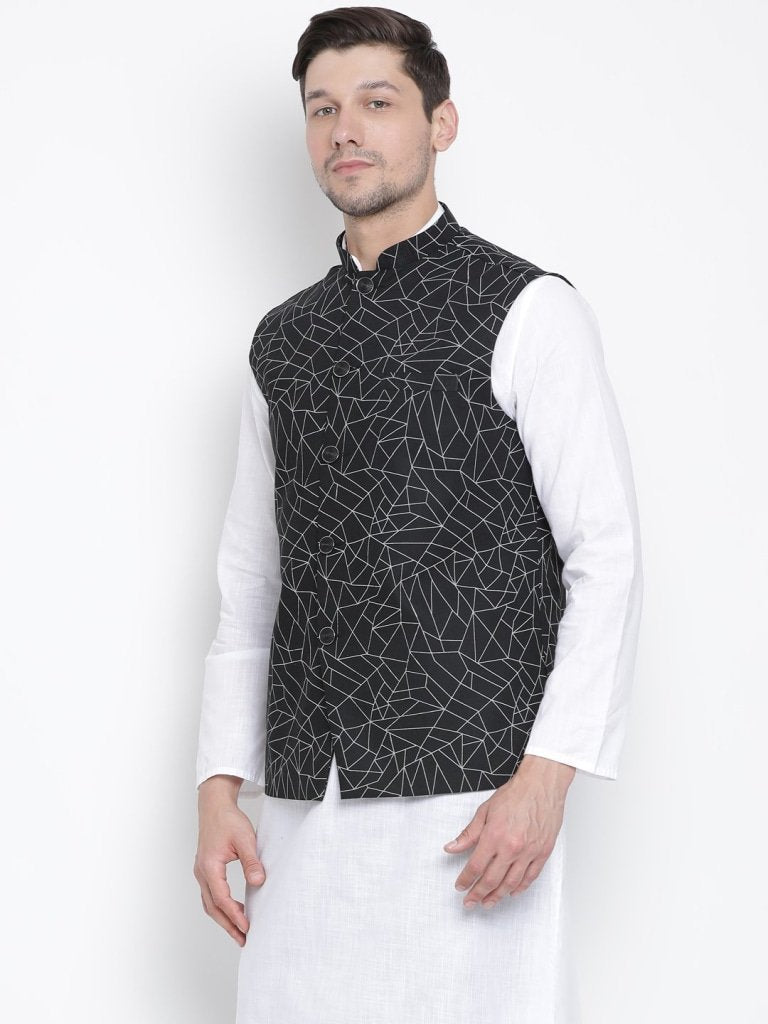 Men's Black Cotton Blend Ethnic Jacket