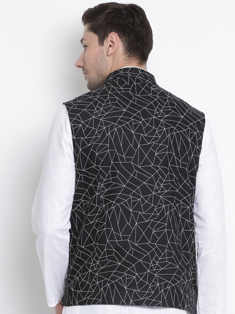 Men's Black Cotton Blend Ethnic Jacket