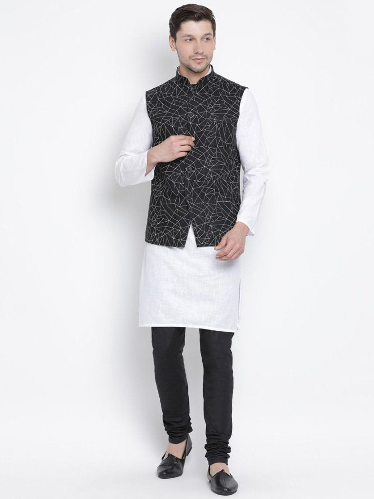 Men's Black Cotton Blend Ethnic Jacket