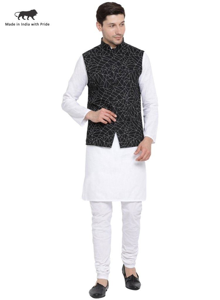 Men's White Cotton Blend Kurta, Ethnic Jacket and Pyjama Set
