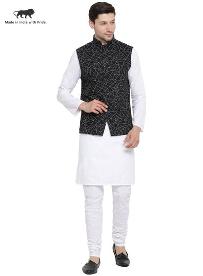 Men's White Cotton Blend Kurta, Ethnic Jacket and Pyjama Set