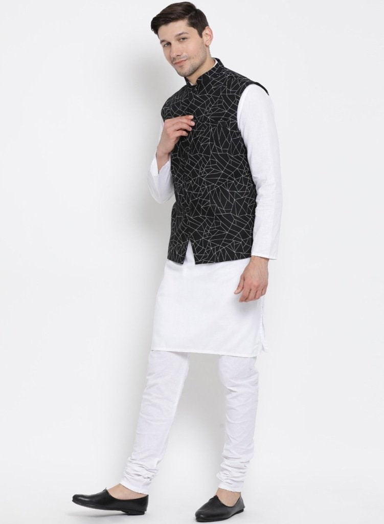 Men's White Cotton Blend Kurta, Ethnic Jacket and Pyjama Set