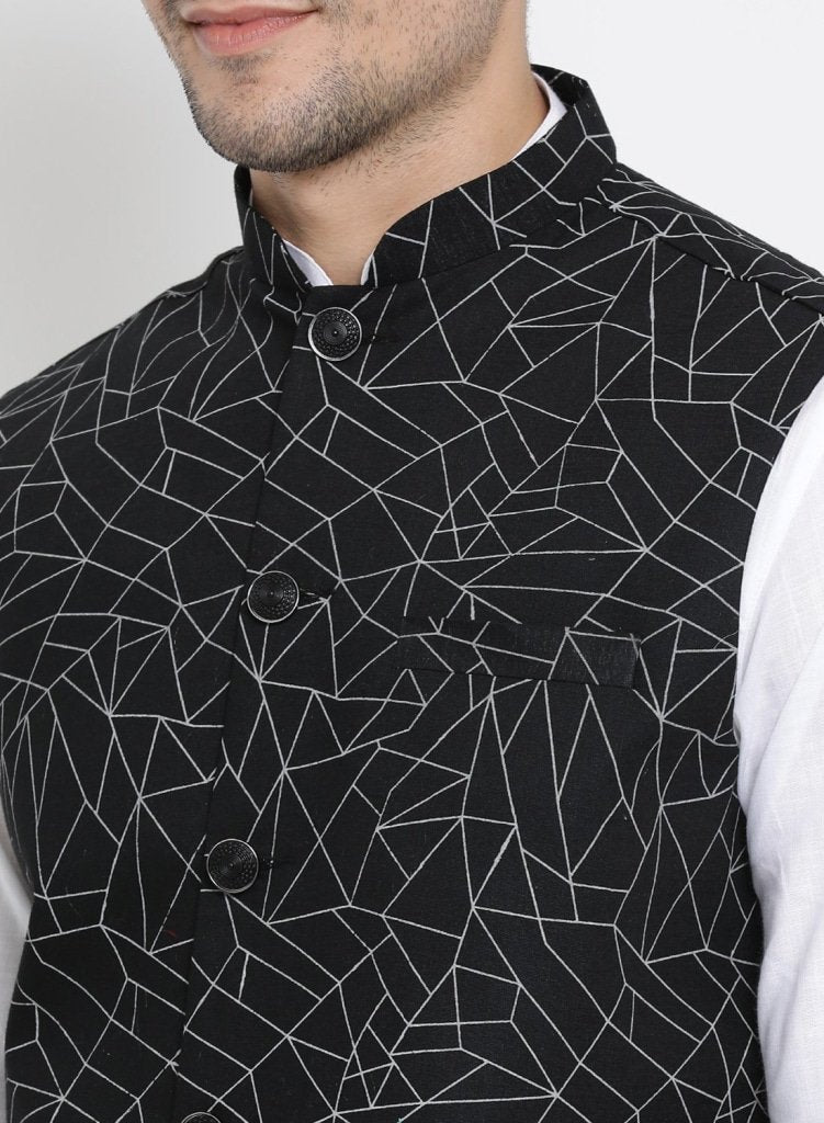 Men's White Cotton Blend Kurta, Ethnic Jacket and Pyjama Set