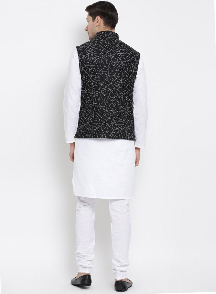 Men's White Cotton Blend Kurta, Ethnic Jacket and Pyjama Set