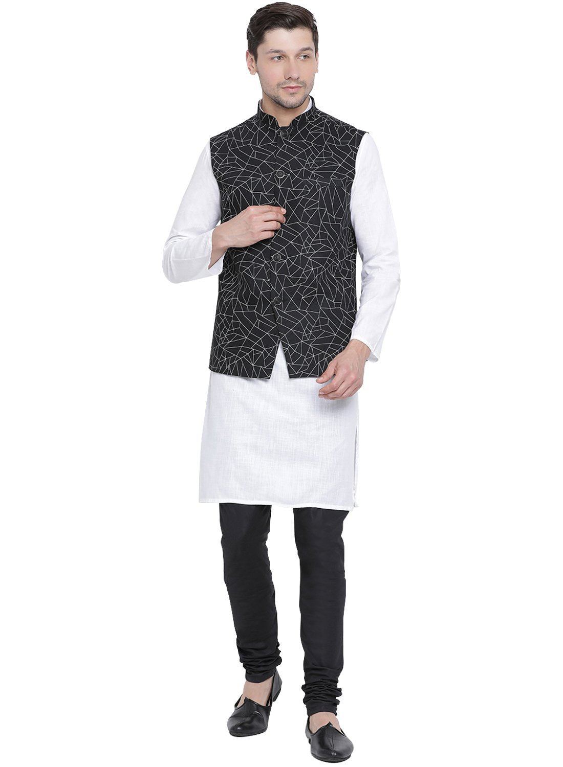Men's White Cotton Blend Kurta, Ethnic Jacket and Pyjama Set