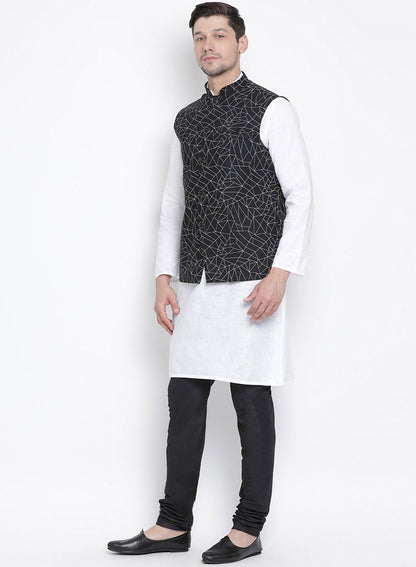 Men's White Cotton Blend Kurta, Ethnic Jacket and Pyjama Set