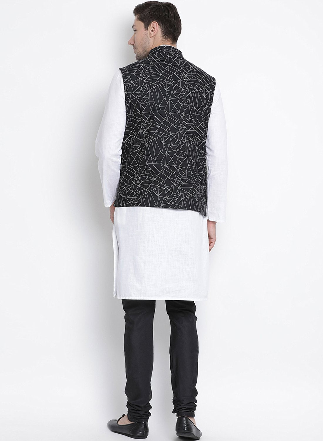 Men's White Cotton Blend Kurta, Ethnic Jacket and Pyjama Set