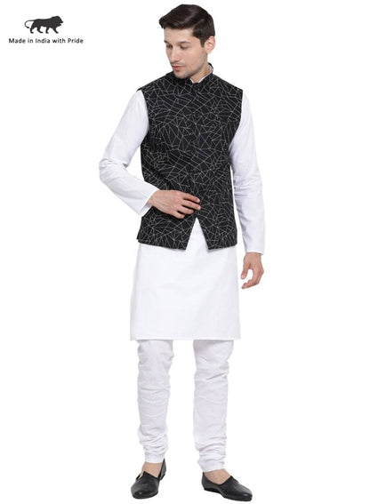 Men's White Cotton Blend Kurta, Ethnic Jacket and Pyjama Set