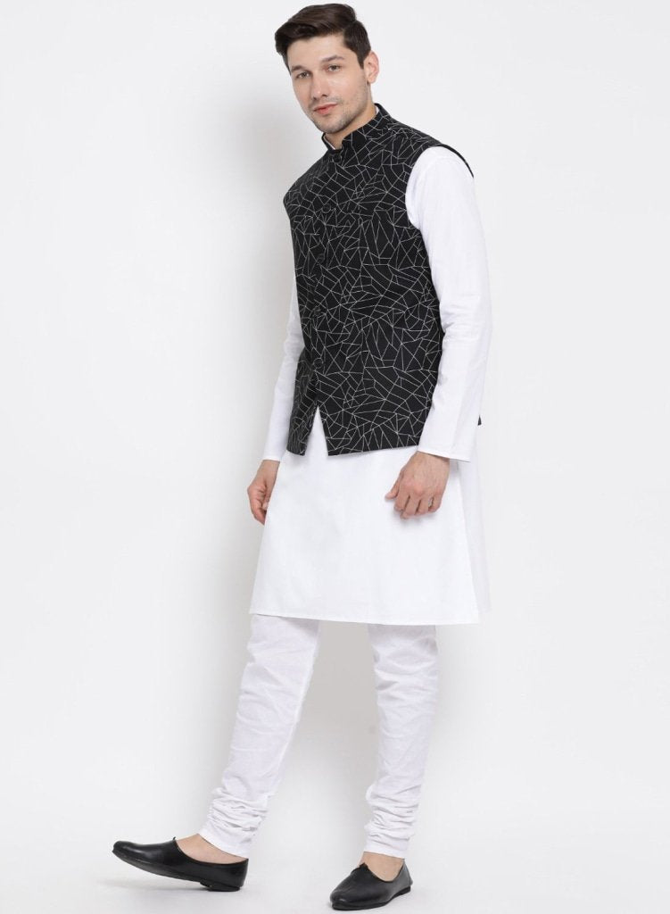 Men's White Cotton Blend Kurta, Ethnic Jacket and Pyjama Set