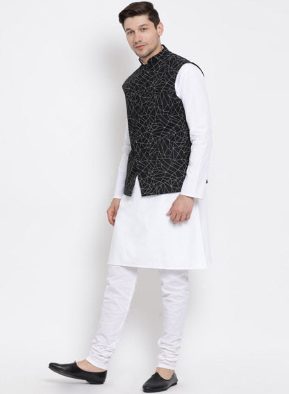 Men's White Cotton Blend Kurta, Ethnic Jacket and Pyjama Set