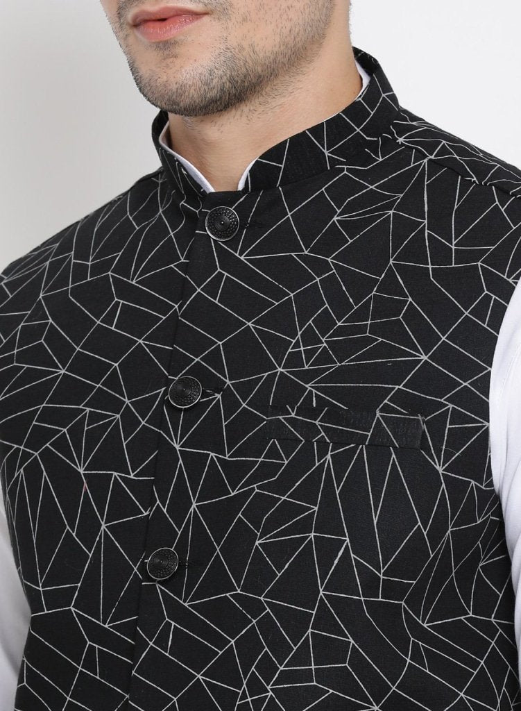 Men's White Cotton Blend Kurta, Ethnic Jacket and Pyjama Set
