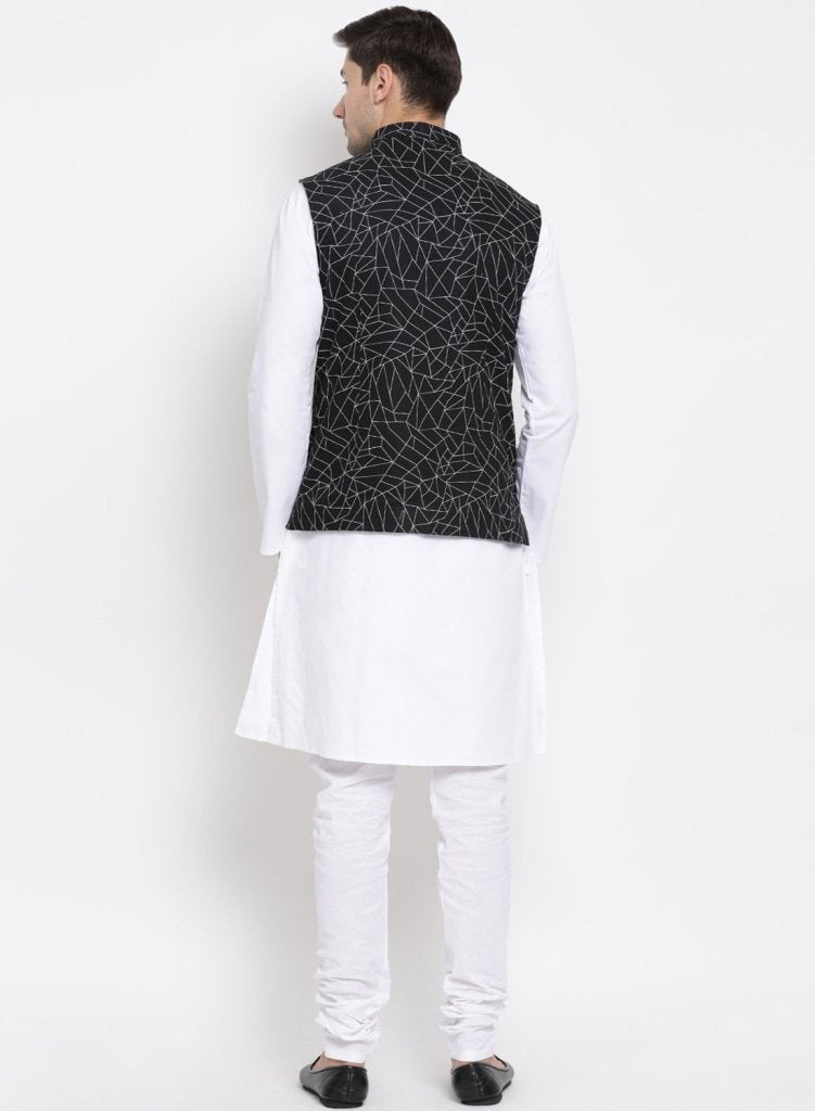 Men's White Cotton Blend Kurta, Ethnic Jacket and Pyjama Set