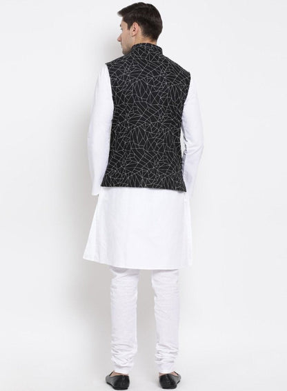 Men's White Cotton Blend Kurta, Ethnic Jacket and Pyjama Set