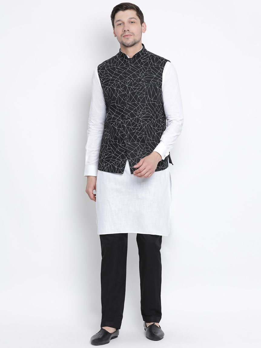 Men's White Cotton Blend Kurta, Ethnic Jacket and Pyjama Set
