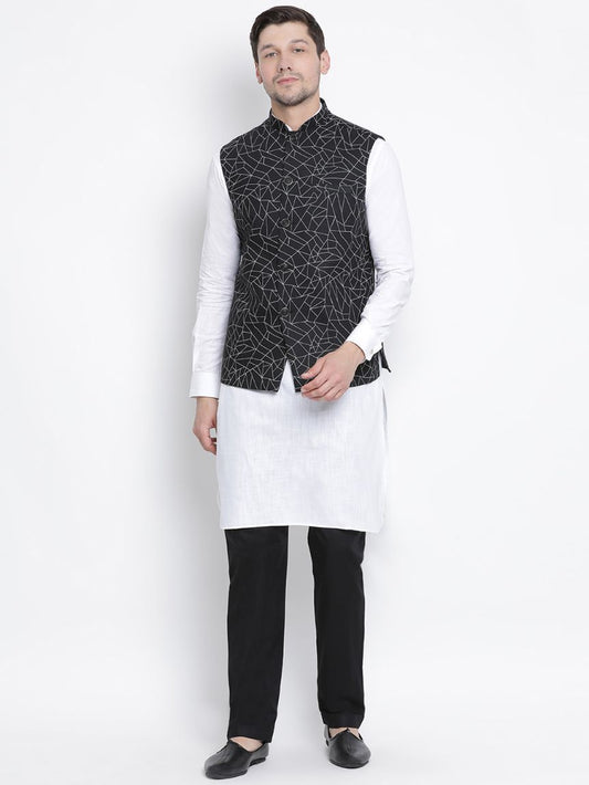 Men's White Cotton Blend Kurta, Ethnic Jacket and Pyjama Set