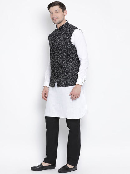 Men's White Cotton Blend Kurta, Ethnic Jacket and Pyjama Set